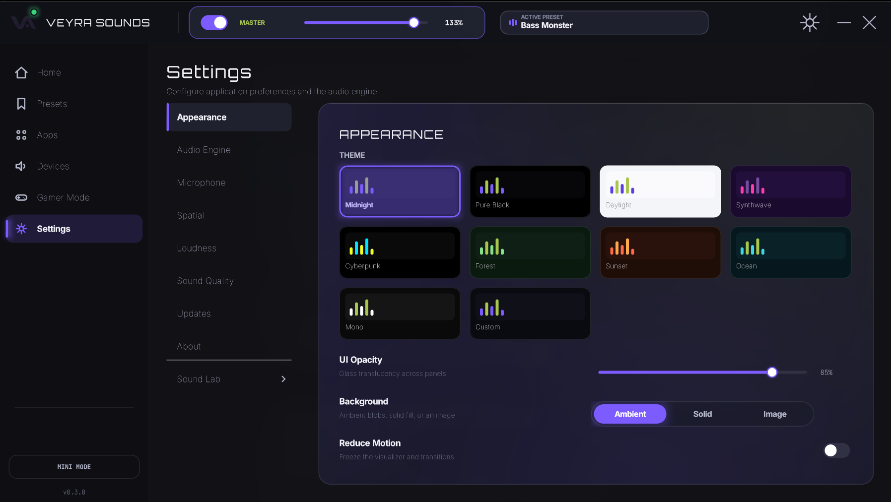 The Settings screen in Veyra Sounds